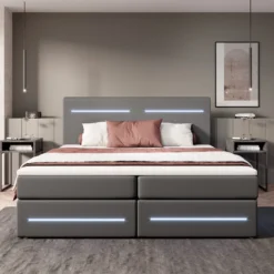 Boxspringbett Evelyn Mit Stauraum Und LED (Kunstleder) -Safety Gear World Baidani221114EvelynLaraboxspringbedLeathergreyfront